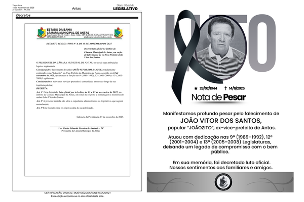 Câmara Municipal de Antas decreta luto oficial pelo falecimento de ex-Vice-Prefeito João Vitor dos Santos